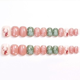 Christmas Press on Nails Long Coffin Xmas Deer Fake Nails, White Snowflake Acrylic Nails, Green Pink Glossy False Nails Kits Winter Stick Glue on Nails Tip 24 Pcs