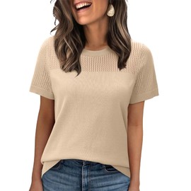 WIHOLL Womens Tops Short Sleeve Sweater Summer Tops for Women 2025 Trendy Lightweight Sweaters Spring Break Essentials Beach Vacation Clothes Ladies Cute T Shirts Business Casual Outfits Light Camel M