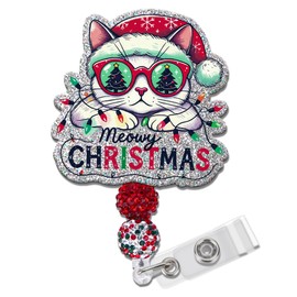 Obookey Christmas Cat Badge Reel Retractable, Funny ID Card Badge Reels with Clip, Nurse Cute Cat Badge Holder Buddy for Women Doctor Nursing Student Teacher CNA RN Worker Gifts