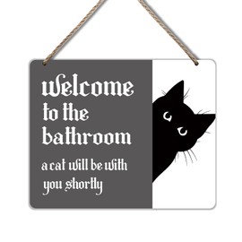 Udinaz Funny Black Cat Bathroom Welcome Hanging Sign, Funny Bathroom Wall Decor, Black Cat Hanging Humorous Wood Plaque Decor for Bath Room Washroom Wall Door Decorations