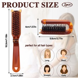 2 Pack Folding Hair Brush Travel Size, Foldable Brush, Boar And Nylon Bristle Hair Brush, Pocket Brush, Compact brush, Smoothing Hair Brush (Brown)