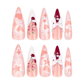 French tip Press on Nails Long Stiletto Fake Nails with 3D Bow Charm Design Cherry Glue on Nails Star Heart Stick on Nails White Red False Nails Reusable Acrylic Nails for Women Girls Manicure 24pcs