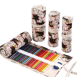 DUBENS Coloured pencil holder case, slots canvas wrap pouch pencil case set for children and adults, travel drawing colouring roll organiser (cat, 48 holes).