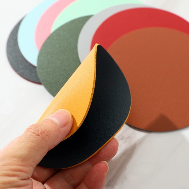 6 PCS Round Leather Coasters 10cm PVC Dual Sided Leather