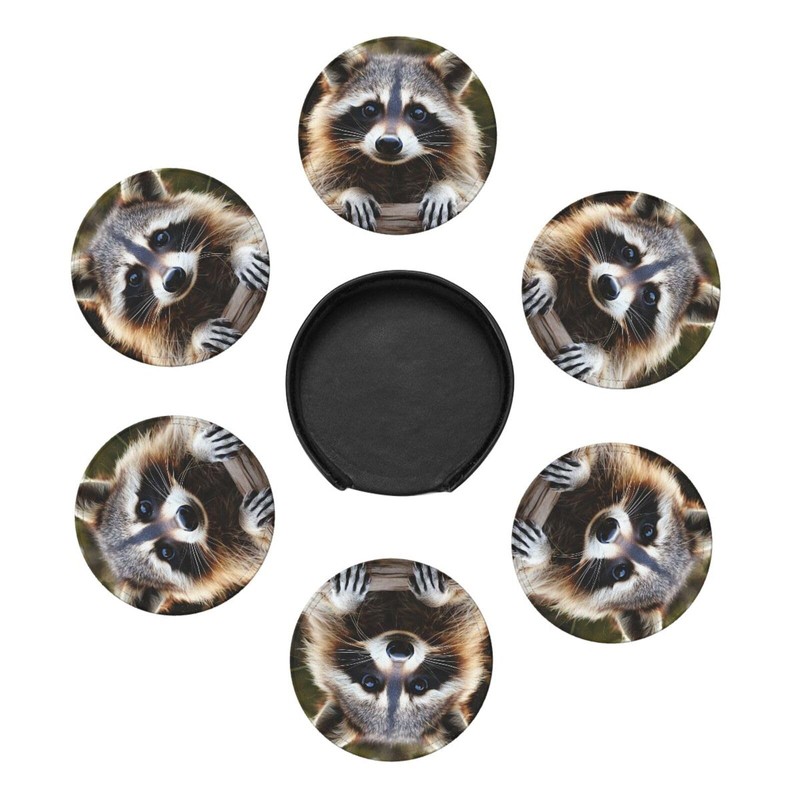 6 Pack Cute Raccoon Leather Coaster with Holder for Drinks-