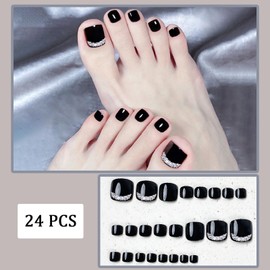 Black Press On Toenails Short Square Glossy Solid Black with Rhinestone Design Glue Full Cover Acrylic Toe Nail Stickers for Women 24pcs