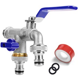 SPGOOD Garden Tap, Double Outlet Tap 1/2 Brass Tap Rust and Frost Resistant with 2 x Hose Connections, 1 x Roller Sealing Tape, Double Joint and Hose Nozzle for Garden (Blue)