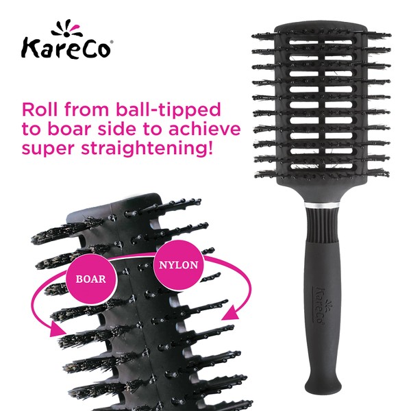 KareCo Oval Vent Brush, Dual Natural Boar Bristles And Soft Nylon Ball Tipped Pins, Vented, Ergonomic Grip