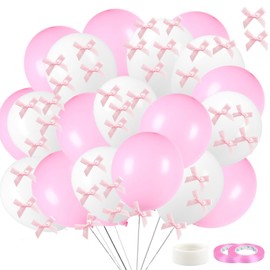Bow Balloons, 50Pcs 12" Pink and White Balloons &100Pcs Mini Ribbon Bows DIY for Baby Shower, Bow Birthday Party Coquette Wedding Anniversary Party Decorations (Pink and White)
