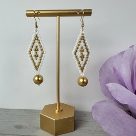 Artisan Handcrafted Artisan Earrings White Gold Earrings Glass Seed Bead Diamond Shape