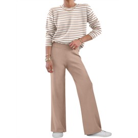 ANRABESS Womens Two Piece Outfits Lounge Sweater Sets Casual Pullover Knit Tops Wide Leg Pants 2024 Fall Clothes Khaki White Striped S