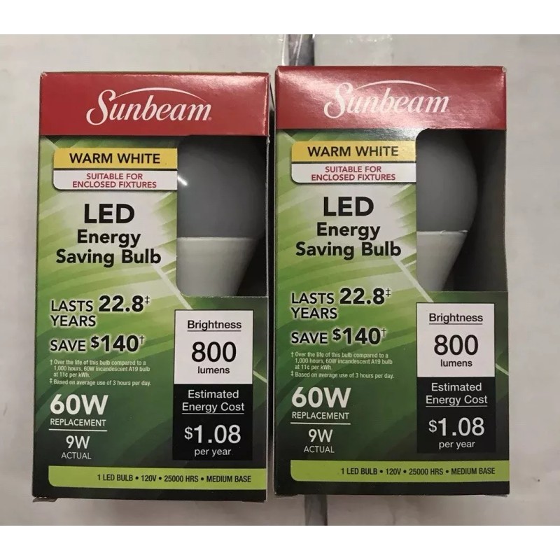SUNBEAM 2 Pack Sunbeam LED Bulb Warm White A19 Medium