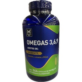 Omegas 3,6,9 Aceites Extra Virgen de Aguacate, Salmon, Linaza, y Oliva 264 capsulas. Pack de 1.                                                       