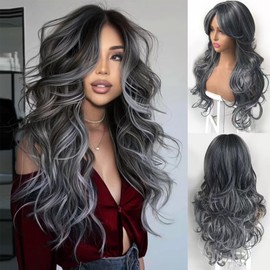 Aisaide Dark Gray Layered Wig with Curtain Bangs for Balck White Women, Synthetic Highlight Dark Grey Long Layered Wavy Gray Wigs for Women Daily 24inch