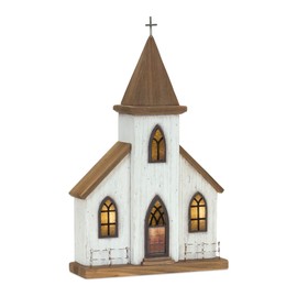 Melrose Church Figurine, 17.75-inch Height, Wood and Iron, Christmas Lighted Houses LED Wooden, Christmas Table Centerpiece Holiday Decorative Lights