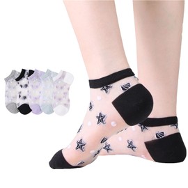 Sitengle Women's See-through Socks, Set of 5, Short Socks, Summer, Thin, Women’s Socks, Transparent, Stylish, Cute, Cool, Floral Pattern, Cool, Stars & Shell