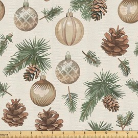 Lunarable Christmas Fabric by The Yard, Vintage Xmas Balls and Pine Cones A Merry Time for Beloved Ones, Decorative Fabric for Upholstery and Home Accents, 1 Yard, Green Brown and Coconut