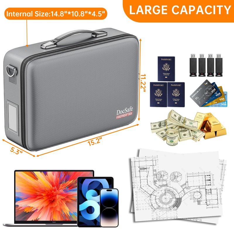DocSafe Fireproof Document Box with Lock＆Shoulder Strap,Hard Case File Organizer