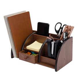 Liry Products Cherry Brown Wood Desktop Organizer Multiple Compartments Stepped Racks Drawer Shelf Tabletop Storage Cabinet Stationery Holder Office Accessory Supplies Caddy Sorter Home