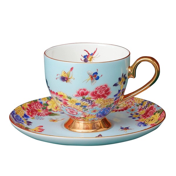fanquare Bone China Coffee Cup and Saucer Set with Spoon, Flower and Butterfly Porcelain Tea Cup, Unique Birthday Gifts, Blue