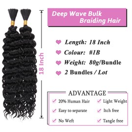Samtress 18 Inch Water Wave Bulk Braiding Hair 20% Human Hair Mixed Quality Synthetic Curly Hair for Boho Braids 2 Bundles Natural Black Water Wave Hair Extensions (#1B)