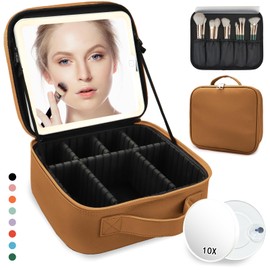 Travel Makeup Bag for Makeup Artists Large Makeup Case,with Mirror 3 Color Setting and Detachable 10x Magnifying Mirror Travel Makeup Bag,Portable Storage and Adjustable Dividers（brown）
