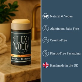 The Ilex Wood Natural Deodorant - 2.4fl oz. Handmade, Aluminum Salt Free, Plastic Free, Cruelty and Alcohol Free, Vegan, Eco Friendly Cardboard Tube – Spiced Patchouli (Spicy and Woody)