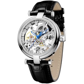carlien Skeleton Automatic Steampunk Watches Gold-Tone Luminous Hands Leather Strap Wrist-Watch (Silver Black) For8160