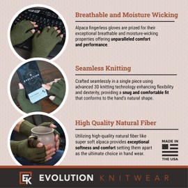 Evolution Knitwear Alpaca Knit Fingerless Gloves - Super Soft Baby Alpaca - Made in the USA - Small - Moss Green