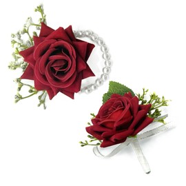 Pack of 2 Red Rose Wrist Corsage and Boutonniere Set for Men Women – Artificial Flowers with Pearl Bracelet and Boutonniere Pin for Bride, Groom, Bridesmaids, Groomsmen, Weddings, Prom Accessories