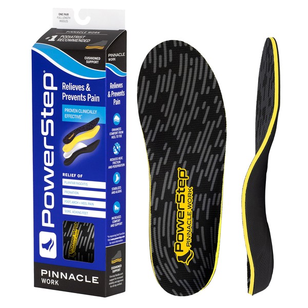 PowerStep Insoles, Pinnacle Work, Work Boot Arch Support, Insoles For Standing All Day, Arch Support Orthotic For Men, M16+