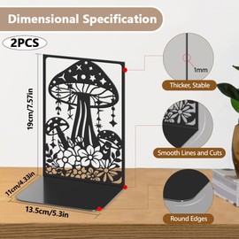 Hobbspring Mushroom Book Ends Stars Moon Metal Non-Slip Heavy Duty Book Shelf Holders Black Flowers Grass Reading Decorative Bookends for Shelf Decor(2pcs) Back to School