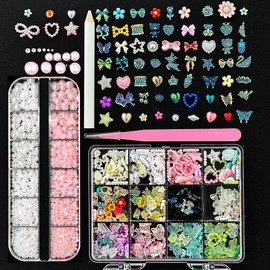 2 Boxes 1500pcs 3D Nail Charms Set with Pencil and Tweezers, Color Flower Bow Heart Star Nail Art Charms, Half Round Nail Pearl & Flatback Nails Gems AB, Nail Art Supplies DIY (White Pink Colorful)