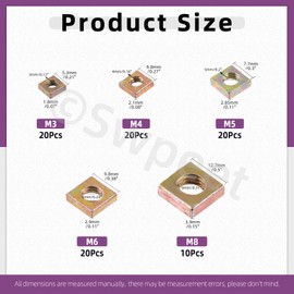 Swpeet 90Pcs 5 Sizes M3 M4 M5 M6 M8 Yellow Zinc Plated Metric Coarse Thread Square Nuts Assortment Kit, Machine Screw Nuts Metric Coarse Thread for Home Automotive Shop Use