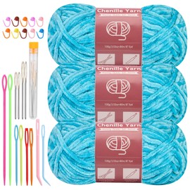 LUNARM 3 * 100g Chenille Yarn, Yarn for Crocheting Knitting with Big Eye Needles, Handcrafts Weaving Soft Chenille Yarn for Making Blankets, Clothes, Pattern Knitting Creations (Blue)