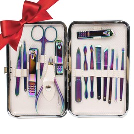 Cortauñas profesional de acero inoxidable con camaleón, kit de viaje y aseo para manicura y pedicura, juego de 15 piezas con funda de lujo (azul/morado), Púrpura, Una talla