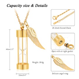 XSMZB Cremation Jewelry for Ashes Timeless Hourglass Cremation Memorial Pendant Stainless Steel Urn Necklace for Human Pet Ashes with Angel Wings(Gold)