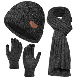 Mens Winter Hats Scarf for Men with Touchscreen Gloves Warm Long Scaves and Skull Caps Beanie Hat Gloves Set, Blended Dark Grey