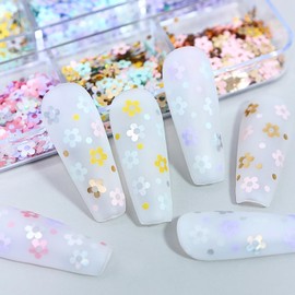 Flower Nail Art Glitter Sequins, 6 Grids Floral Sparkly Nail Glitter Flakes Designs, Shiny Flower Confetti Acrylic Supplies for Women Girls Manicure Charms Holiday Decorations, Resin Nail Art Tips