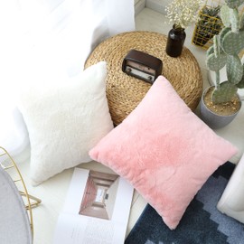 Home Brilliant Pink Fur Cushion Covers 18x18, Lovely Gifts for Mum, Faux Rabbit Fur Fluffy Cushion Cover for Sofa Bed Couch, Set of 2, (45 x 45cm, Pink)