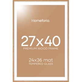 Homeforia 27x40 Poster Frame Wood, High End Natural Oak Wooden Picture Frame 27x40 with 24x36 Mat, 27 x 40 inch Movie Frames Matted to 24 x 36 Photo, Tempered Glass, Wall Hook Included, Set of 1