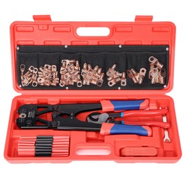 iCrimp Battery Cable Lug Crimping Tool Kit for 8-1/0 AWG - 63pcs Copper Lugs & 25pcs Heat Shrink Tubes, Wire Cutter & Stripper