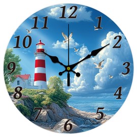 CHGCRAFT Ocean Lighthouse Wall Clock 12 Inch Battery Operated Wall Clock Non Ticking Silent Decorative Clock for Office Bedroom Home Decor