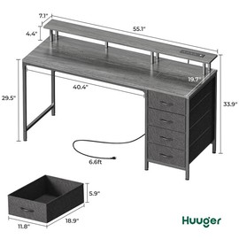 Huuger Computer Desk with Power Outlets and LED Lights, Gaming Desk with 4 Drawers, Office Desk with Monitor Stand, Study Desk Work Desk for Home Office, Small Spaces - Color: 55 Inch Gray