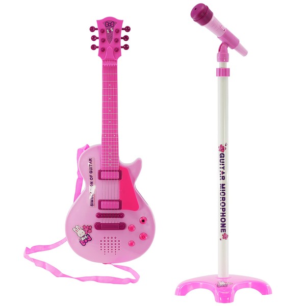 Kids 6 String Pink Electric Play Guitar & Microphone Set with Adjustable Stand Musical Toy, 8 Demo Songs