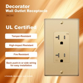Micmi 20A Decorator Receptacle Outlet, Tamper Resistant, Decorative Electrical Receptacle Outlet, 20 Amp 125 Volt, Grounding with Wall Plate UL Listed (Golden, 10pack)