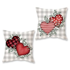 HOMFREEST Valentine's Day Pillow Covers 18x18 Set of 2 Polka Dot Stripes Plaid Love Hearts Decorative Pillows Buffalo Plaid Eucalyptus Leaves Cushion Case for Sofa Couch Home