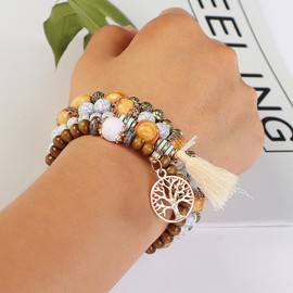 SHUBEIEUMI Boho Wooden Beads Bracelet, Pack of 4 Boho Tassel Bracelet for Women, Tree of Life Charm Statement Bangles, Crystal Pearl, Beige, Length: