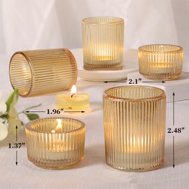 NITIME 20pcs Ribbed Gold Votive Candle Holders, Assorted Tea Light Candle Holder Glass for Wedding Table Decor, Gold Candle Holders for Table Centerpieces, Diwali, Brithday, Party and Holiday Decor