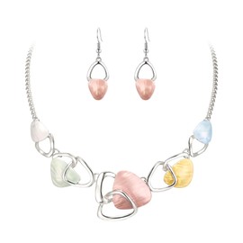 Flyonce Enamel Irregular Triangle Bohemian Boho Costume Jewelry Sets for Women, Fashion Statement Pendent Necklace Earring Set Holiday Gifts for Lady Multicolor Silver-Tone